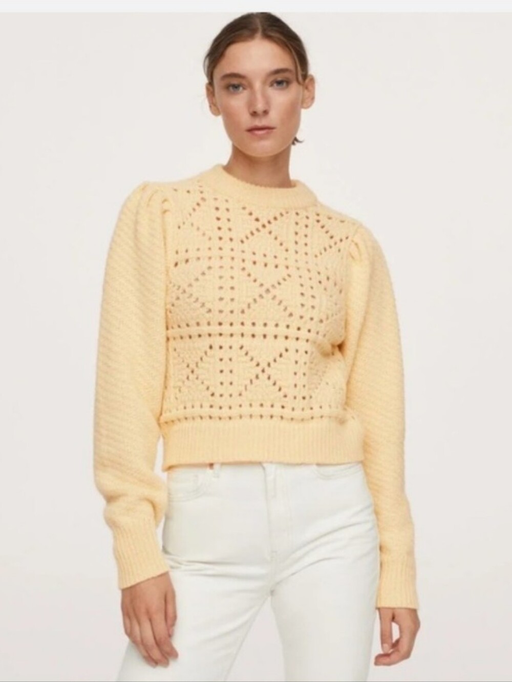 Mango Womens Butter Yellow Crochet Knit Crewneck Sweater Cottagecore Coastal M/L